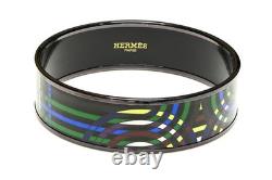 Hermes Paris Wide Black Blue Green Enamel Equestrian Bangle Bracelet