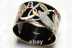 Hermes Paris Wide Gold Plated Black Red Blue Enamel Equestrian Bangle Bracelet