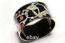 Hermes Paris Wide Gold Plated Black Red Blue Enamel Equestrian Bangle Bracelet