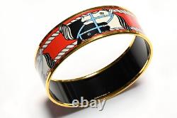 Hermes Paris Wide Gold Plated Red Blue Enamel Equestrian Horse Bangle Bracelet