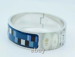 Hermes Silver Blue Black And White Enamel Hinged Bangle Bracelet 5/8th Inch Wide