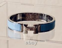 Hermes Silver Chardon Blue Enamel H Clic Clac Bangle Bracelet 17cm Birkin $700