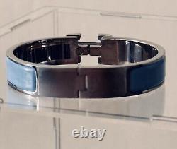 Hermes Silver Chardon Blue Enamel H Clic Clac Bangle Bracelet 17cm Birkin $700