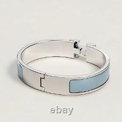 Hermes Silver Chardon Blue Enamel H Clic Clac Bangle Bracelet 17cm Birkin $700