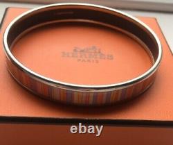 Hermes Striped Sz L Enamel Bracelet Carioca Silver Tone Palladium Narrow # 1692