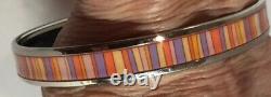 Hermes Striped Sz L Enamel Bracelet Carioca Silver Tone Palladium Narrow # 1692