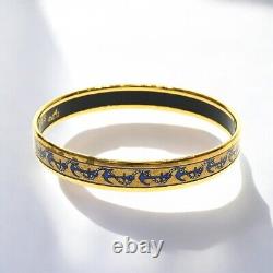 Hermes Vintage Enamel PM Bangle Bracelet Blue Gold Accessories Women Authentic