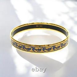 Hermes Vintage Enamel PM Bangle Bracelet Blue Gold Accessories Women Authentic