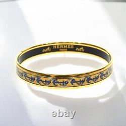 Hermes Vintage Enamel PM Bangle Bracelet Blue Gold Accessories Women Authentic