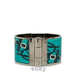 Hermes Wide Bangle Bracelet Allover Pattern Enamel Blue-green Silver Color Metal