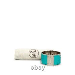 Hermes Wide Bangle Bracelet Allover Pattern Enamel Blue-green Silver Color Metal