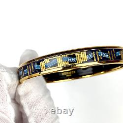 Hermes Women's Cloisonne Bangle Bracelet Gold Blue Ribbon Narrow Box Authentic
