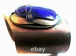 Huge 1880 1930 Egyptian Revival Brass & Blue Enamel Scarab Cuff Bracelet