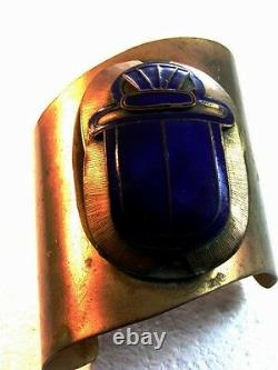 Huge 1880 1930 Egyptian Revival Brass & Blue Enamel Scarab Cuff Bracelet