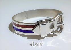 ITALY 800 SILVER BUCKLE BRACELET BLUE & RED ENAMEL BANDS 1960s