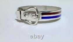 ITALY 800 SILVER BUCKLE BRACELET BLUE & RED ENAMEL BANDS 1960s