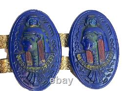 Incredible Egyptian Revival Blue & Enameled Glass Pharaoh Vintage Link Bracelet