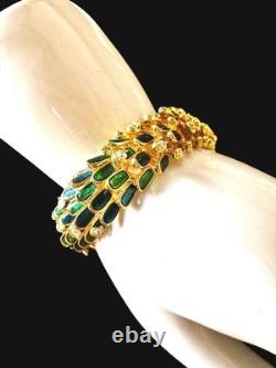 Incredible Kenneth Lane'wild Peacock' Green Blue Enamel Rhinestone Bracelet