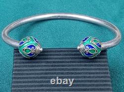 Interesting Sterling Silver Cuff Bracelet w Blue & Green Enamel Caps