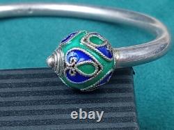 Interesting Sterling Silver Cuff Bracelet w Blue & Green Enamel Caps