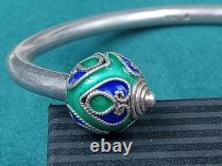 Interesting Sterling Silver Cuff Bracelet w Blue & Green Enamel Caps