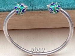 Interesting Sterling Silver Cuff Bracelet w Blue & Green Enamel Caps