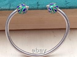 Interesting Sterling Silver Cuff Bracelet w Blue & Green Enamel Caps