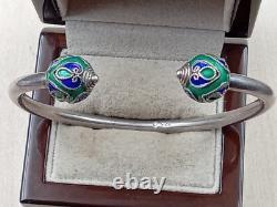 Interesting Sterling Silver Cuff Bracelet w Blue & Green Enamel Caps
