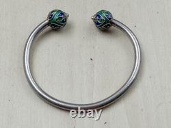 Interesting Sterling Silver Cuff Bracelet w Blue & Green Enamel Caps