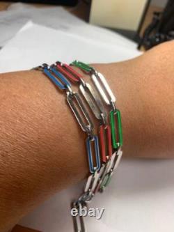 Italian 925 Sterling Silver Colorful Enamel Paperclip Link Bracelet 7mm wide