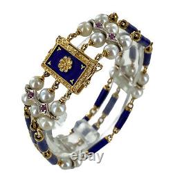 Italian Blue Enamel Pearl Ruby 18 Karat Yellow Gold Three Row Vintage Bracelet