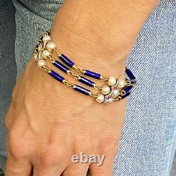Italian Blue Enamel Pearl Ruby 18 Karat Yellow Gold Three Row Vintage Bracelet