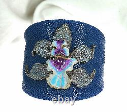 Italian Natural Stingray 925 Silver Enamel Orchid Flower Bracelet Bangle Cuff