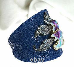 Italian Natural Stingray 925 Silver Enamel Orchid Flower Bracelet Bangle Cuff