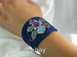 Italian Natural Stingray 925 Silver Enamel Orchid Flower Bracelet Bangle Cuff