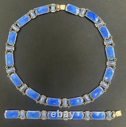 Ivar Holth Oslo Norway Sterling Silver Blue Guilloche Enamel Bracelet Necklace