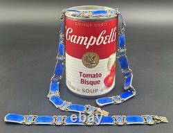 Ivar Holth Oslo Norway Sterling Silver Blue Guilloche Enamel Bracelet Necklace