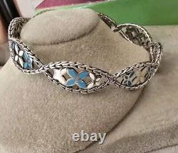 John Hardy Sterling Silver Blue White Enamel Kawung Flower Bangle Bracelet