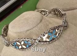 John Hardy Sterling Silver Blue White Enamel Kawung Flower Bangle Bracelet