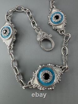 Judith Ripka 925 Sterling Silver Blue Enamel Topaz & CZ Evil Eye Bracelet 7