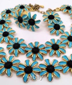 Judy Lee Blue Enamel Daisy Necklace Bracelet Earrings Set