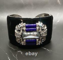 KENNETH J. LANE (KJL) Wide Cuff Bracelet Black Enamel In Diamanté & Blue Lapis