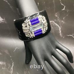 KENNETH J. LANE (KJL) Wide Cuff Bracelet Black Enamel In Diamanté & Blue Lapis
