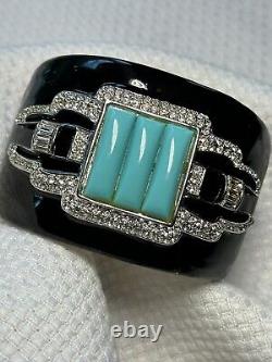 KJL Kenneth Jay Lane Deco Style Enamel, Faux Turquoise & Crystal Cuff Bracelet