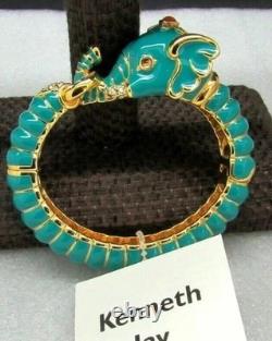 Kenneth J Lane KJL Blue Enamel Rhinestone Elephant Head Cuff Bracelet book NIB