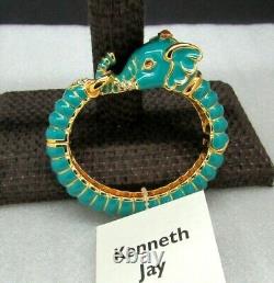 Kenneth J Lane KJL Blue Enamel Rhinestone Elephant Head Cuff Bracelet book NIB