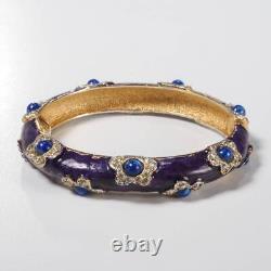 Kenneth Jay Lane Blue Bead Enameled Rhinestone Crystal Flower Hinged Bracelet