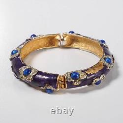 Kenneth Jay Lane Blue Bead Enameled Rhinestone Crystal Flower Hinged Bracelet