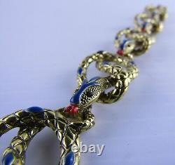 Kenneth Jay Lane, Gold Tone Blue and Red Enamel Snake Link Bracelet 8 inch