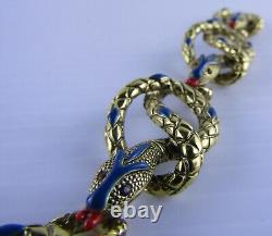 Kenneth Jay Lane, Gold Tone Blue and Red Enamel Snake Link Bracelet 8 inch